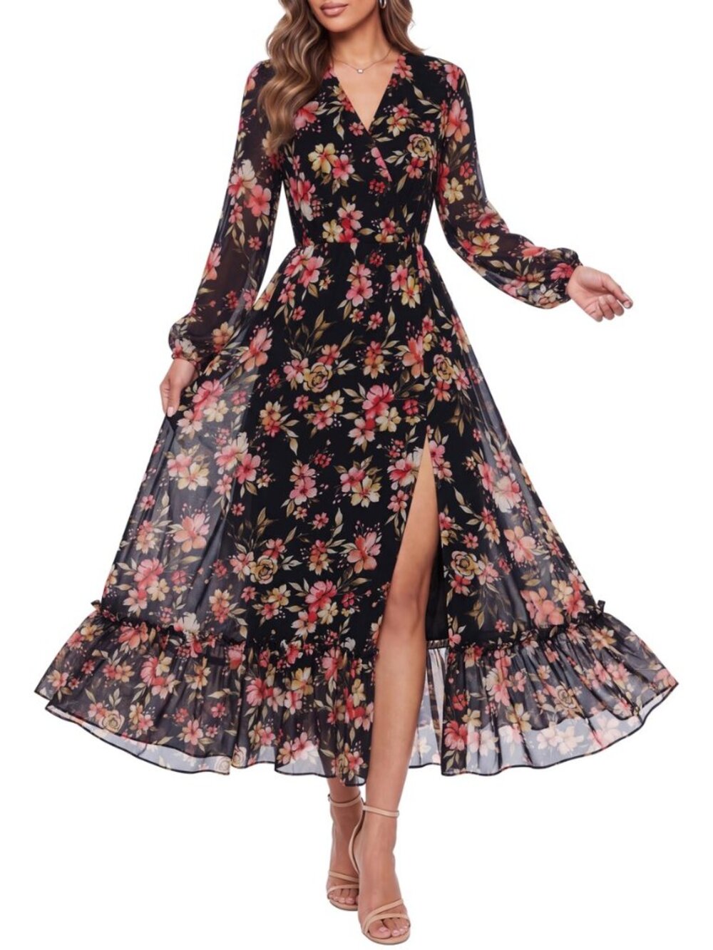 Women's Floral Maxi Dress Long Sleeve V Neck Flowy Boho Dresses